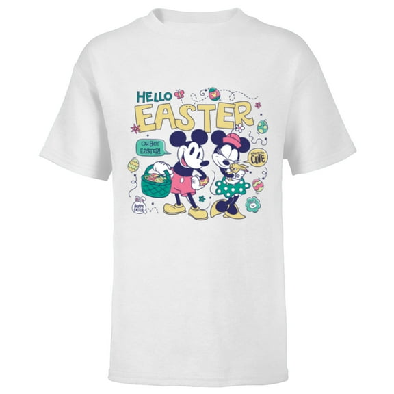 Disney Mickey Mouse and Minnie Mouse Hello Easter Retro - Short Sleeve T-Shirt for Kids - Customized-White