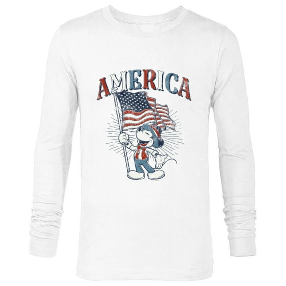 Disney Mickey Mouse with American Flag USA Fourth of July - Long Sleeve T-Shirt for Men - Customized-White