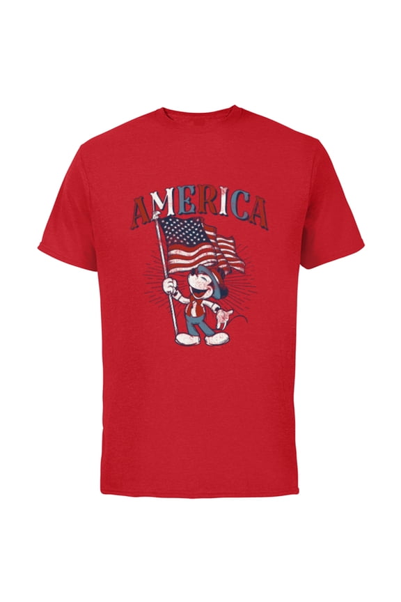 Mickey Mouse with American Flag USA Fourth of July - Short Sleeve Cotton T-Shirt for Adults - Customized-Red