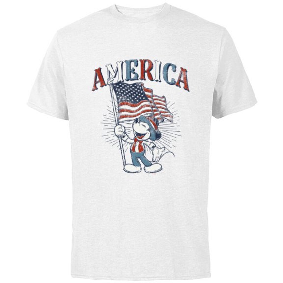 Disney Mickey Mouse with American Flag USA Fourth of July - Short Sleeve Cotton T-Shirt for Adults - Customized-White