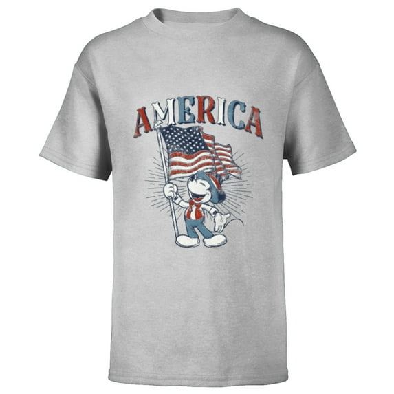 Disney Mickey Mouse with American Flag USA Fourth of July - Short Sleeve T-Shirt for Kids - Customized-Athletic Heather