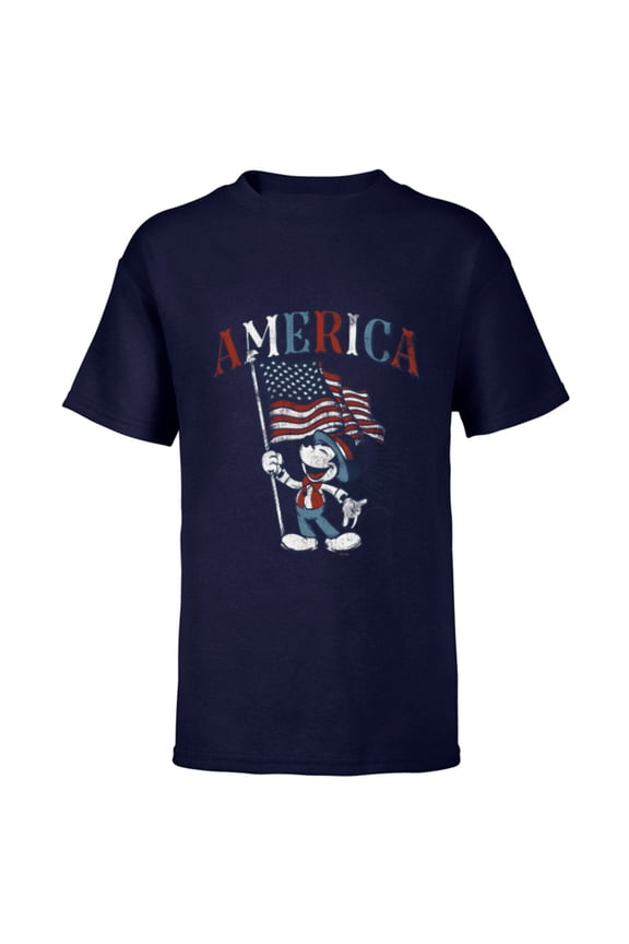 Mickey Mouse with American Flag USA Fourth of July - Short Sleeve T-Shirt for Kids - Customized-Navy