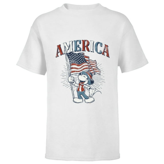 Disney Mickey Mouse with American Flag USA Fourth of July - Short Sleeve T-Shirt for Kids - Customized-White