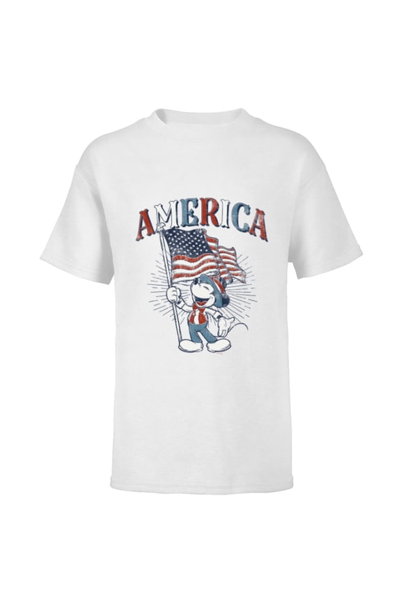 Mickey Mouse with American Flag USA Fourth of July - Short Sleeve T-Shirt for Kids - Customized-White