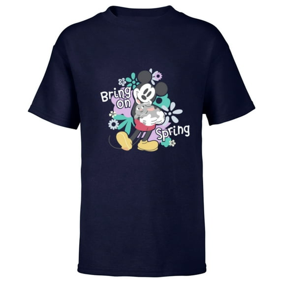 Disney Mickey Mouse with Easter Bunny Rabbit Bring on Spring - Short Sleeve T-Shirt for Kids - Customized-Navy