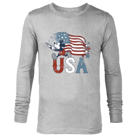 Disney Mickey Mouse with Flute America USA Flag 4th of July - Long Sleeve T-Shirt for Men - Customized-Athletic Heather
