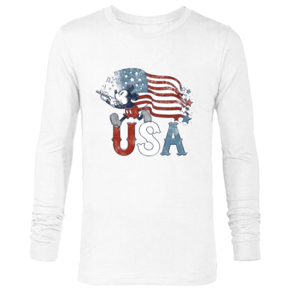 Disney Mickey Mouse with Flute America USA Flag 4th of July - Long Sleeve T-Shirt for Men - Customized-White