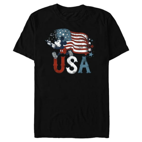 Disney Mickey Mouse with Flute America USA Flag 4th of July - Short Sleeve Blended T-Shirt for Adults - Customized-Black
