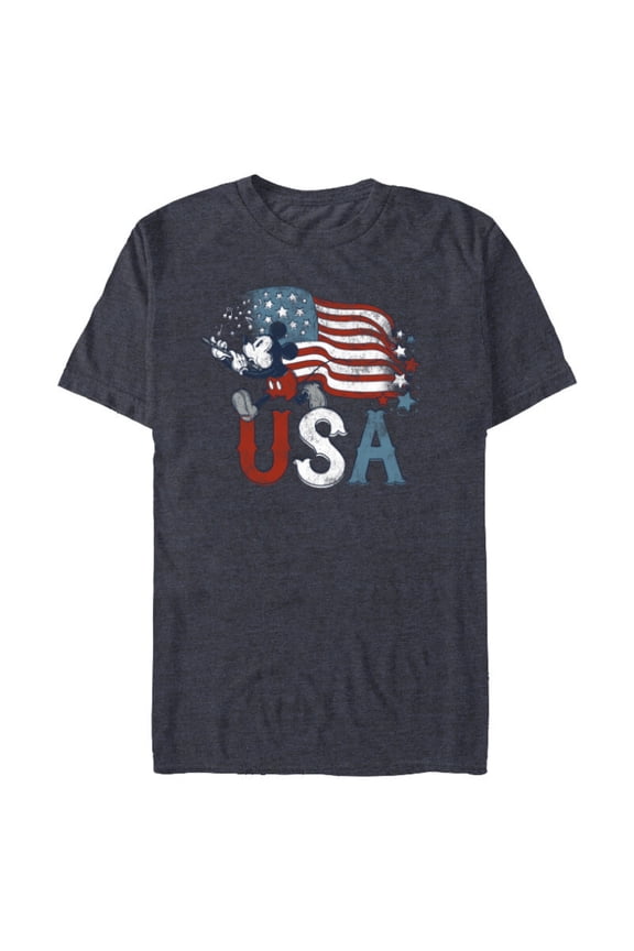 Disney Mickey Mouse with Flute America USA Flag 4th of July - Short Sleeve Blended T-Shirt for Adults - Customized-Navy Heather