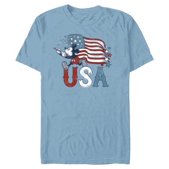 Disney Mickey Mouse with Flute America USA Flag 4th of July - Short Sleeve Blended T-Shirt for Adults - Customized-Ocean Blue