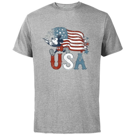 Disney Mickey Mouse with Flute America USA Flag 4th of July - Short Sleeve Cotton T-Shirt for Adults - Customized-Athletic Heather