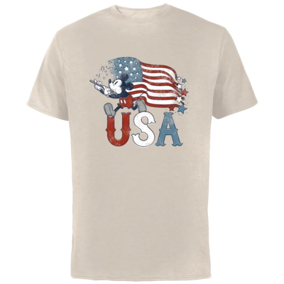 Disney Mickey Mouse with Flute America USA Flag 4th of July - Short Sleeve Cotton T-Shirt for Adults - Customized-Natural