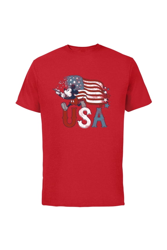 Disney Mickey Mouse with Flute America USA Flag 4th of July - Short Sleeve Cotton T-Shirt for Adults - Customized-Red