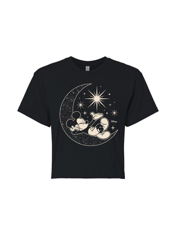 - Mickey On Celestial Moon - Juniors Cropped Cotton Blend T-Shirt