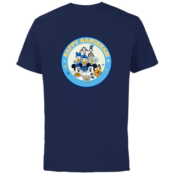 Disney Mickey & Pals Holiday Circle Happy Hanukkah! - Short Sleeve Cotton T-Shirt for Adults - Customized-Navy