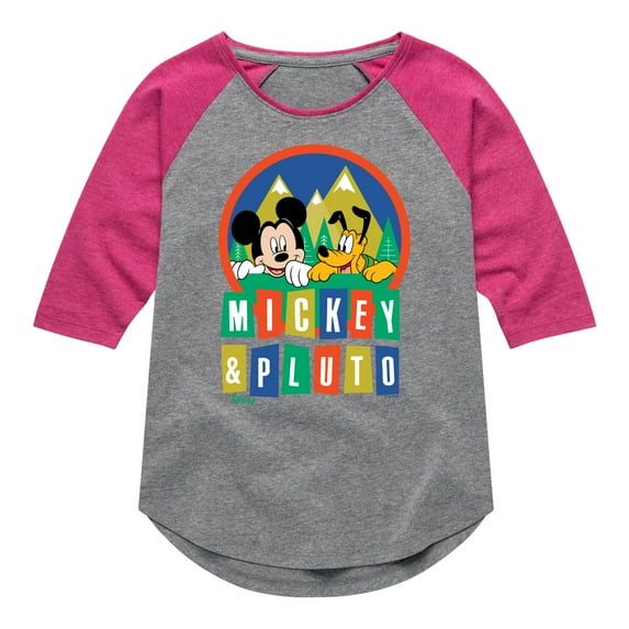 Disney - Mickey & Pluto - Outdoor Adventures Fun - Toddler & Youth Girls Raglan Graphic T-Shirt