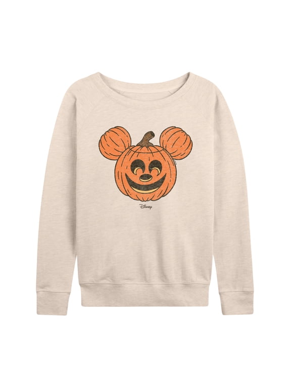 - Mickey Pumpkin Head Women's Lightweight French Terry Wide Neck Long Sleeve Graphic Shirt
