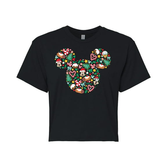 Disney - Mickey Silhouette Christmas - Juniors Cropped Cotton Blend T-Shirt