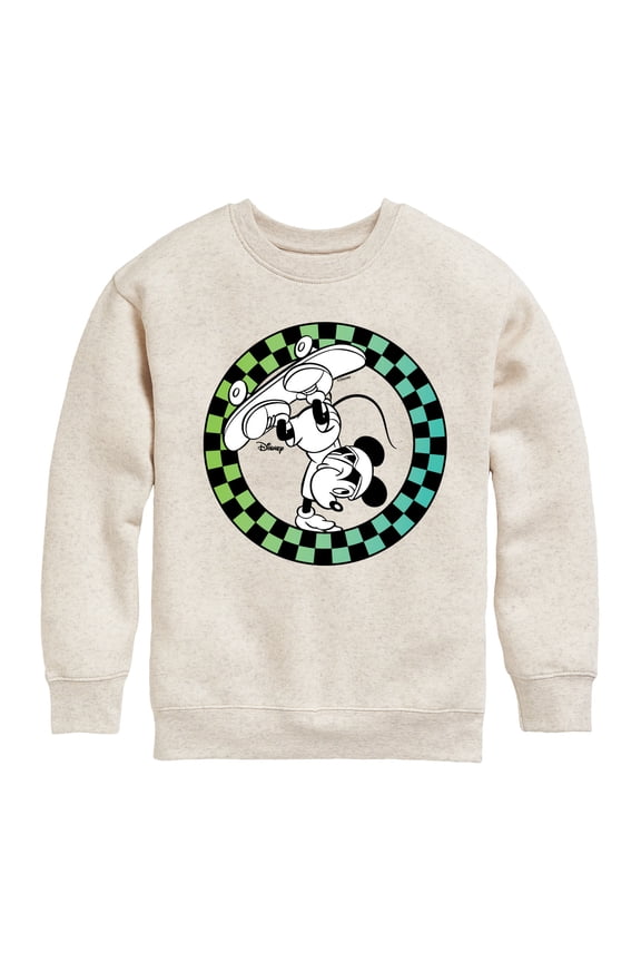 - Mickey Skateboarding Checkered Circle Graphic Long Sleeve Fleece Sweatshirt