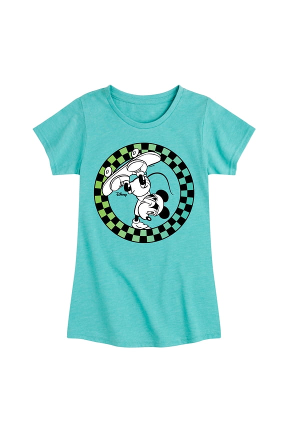 - Mickey Skateboarding Checkered Circle - Toddler And Youth Girls Short Sleeve Graphic T-Shirt