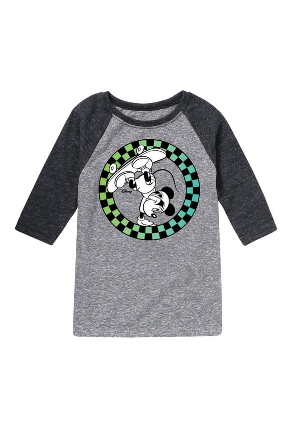 - Mickey Skateboarding Checkered Circle - Toddler And Youth Raglan Graphic T-Shirt