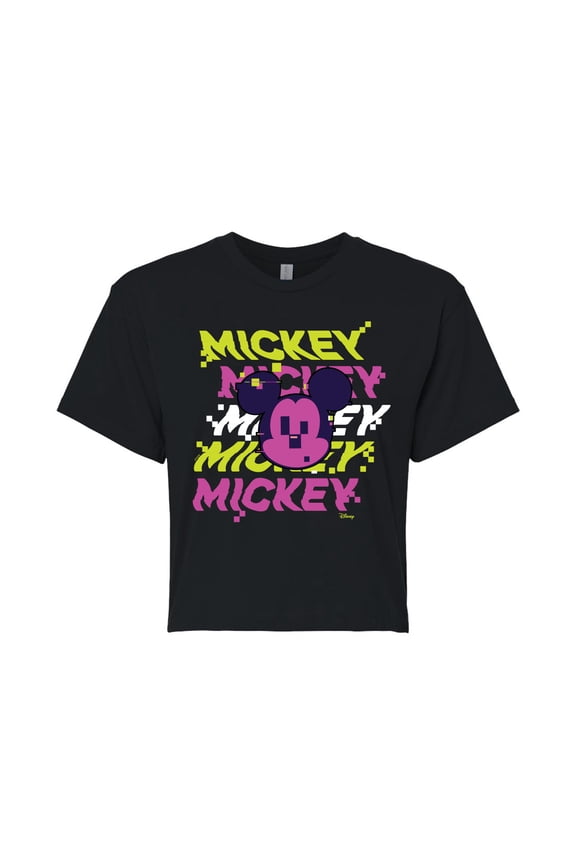 - Mickey Stacked - Juniors Cropped Cotton Blend T-Shirt