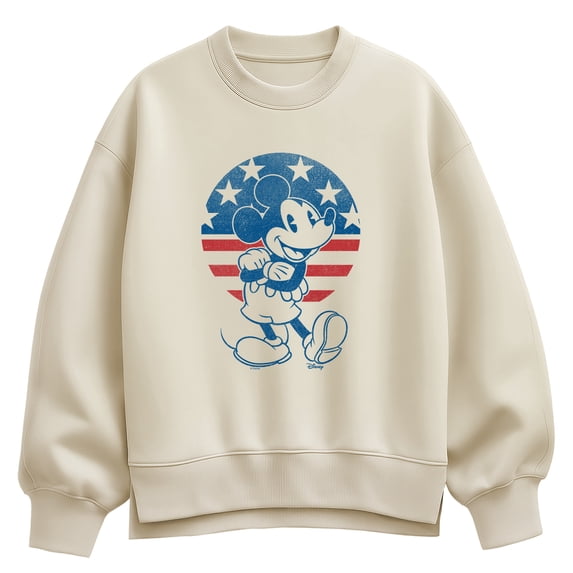 Disney - Mickey USA Flag Circle - Women's Oversized Fleece Crew Sweatshirt