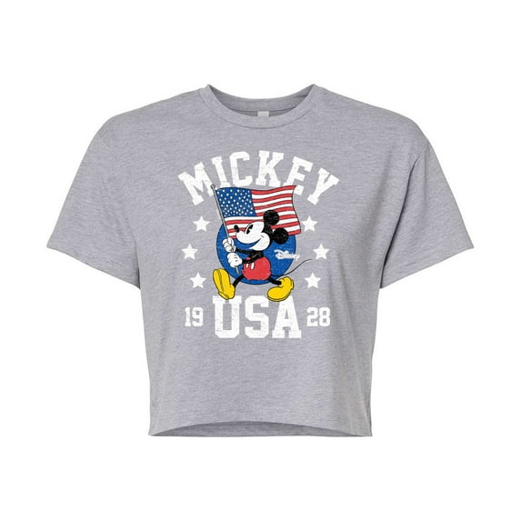Disney - Mickey Waving Flag USA - Juniors Cropped Cotton Blend T-Shirt