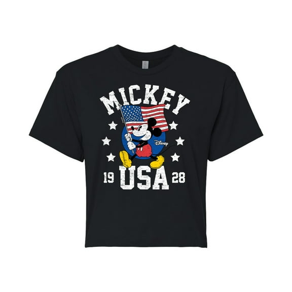 Disney - Mickey Waving Flag USA - Juniors Cropped Cotton Blend T-Shirt