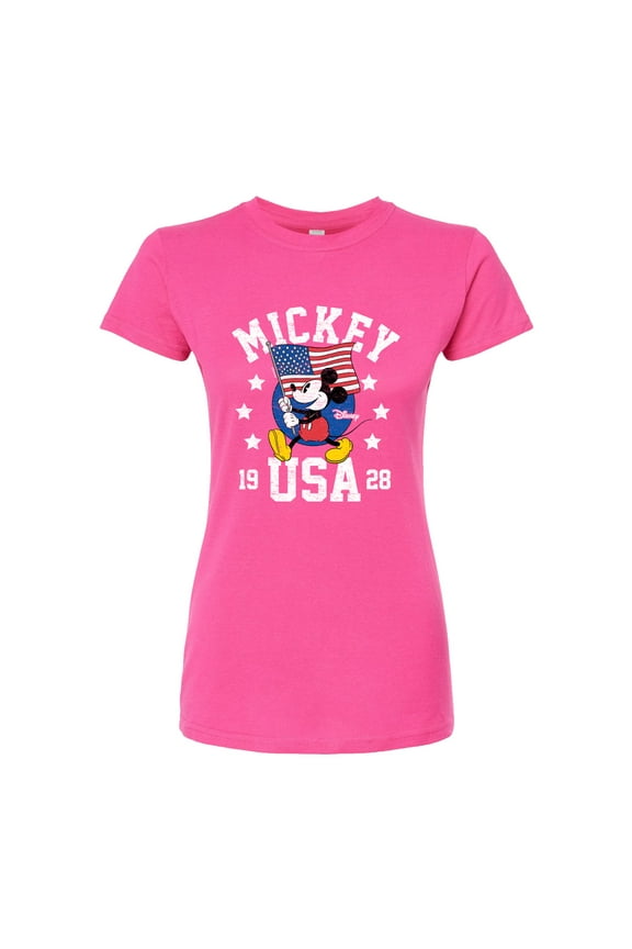 - Mickey Waving Flag USA - Juniors Fitted Graphic T-Shirt