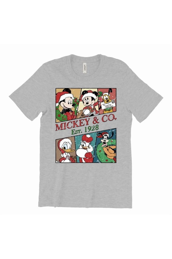 Disney Mickey and Company Christmas Graphic Design Casual Short Sleeve Unisex Shirt (Gray-X Large)