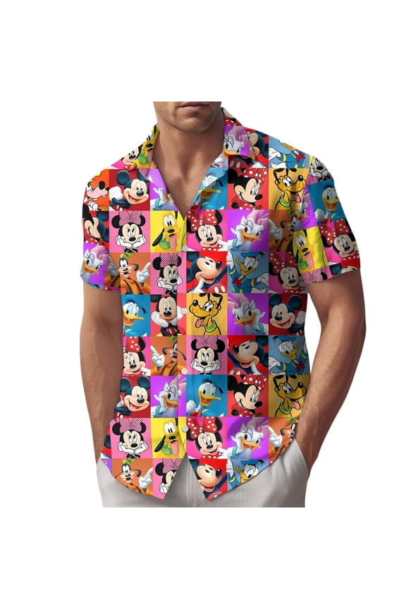 Disney Mickey and Friends Button-Up Hawaiian Shirt,Summer Vacation Tee