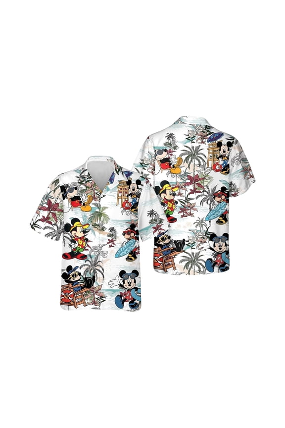 Disney Mickey and Friends Button-Up Hawaiian Shirt,Summer Vacation Tee