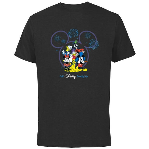 Disney Mickey and Friends Fireworks Our Disney Family Trip - Short Sleeve Cotton T-Shirt for Adults - Customized-Black