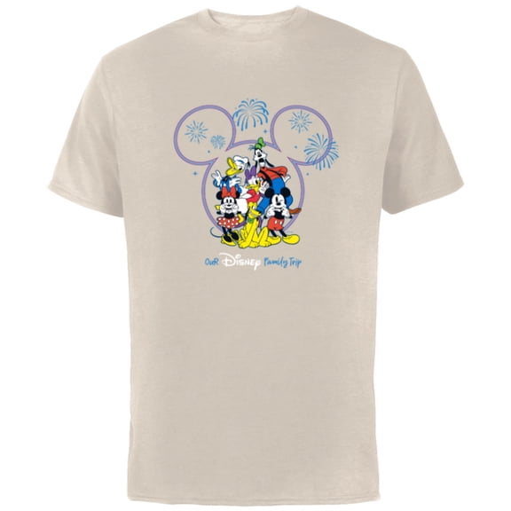 Disney Mickey and Friends Fireworks Our Disney Family Trip - Short Sleeve Cotton T-Shirt for Adults - Customized-Natural