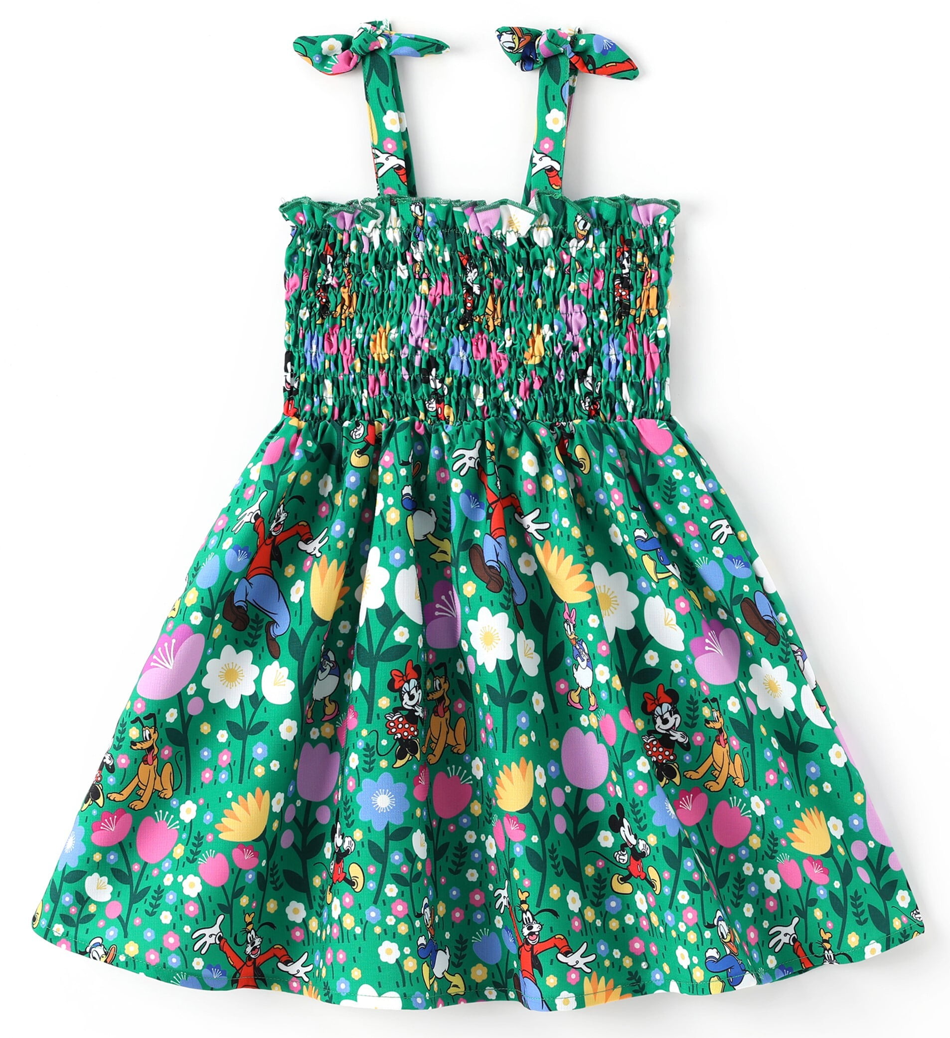 Disney Mickey and Friends Girls Dresses Graphic Flower Bow Green Suspender Smocked Dress Size 2T