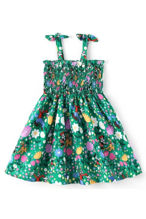 Mickey and Friends Girls Dresses Graphic Flower Bow Green Suspender Smocked Dress Size 3-4T