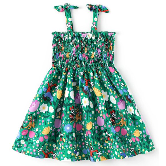 Disney Mickey and Friends Girls Dresses Graphic Flower Bow Green Suspender Smocked Dress Size 3T