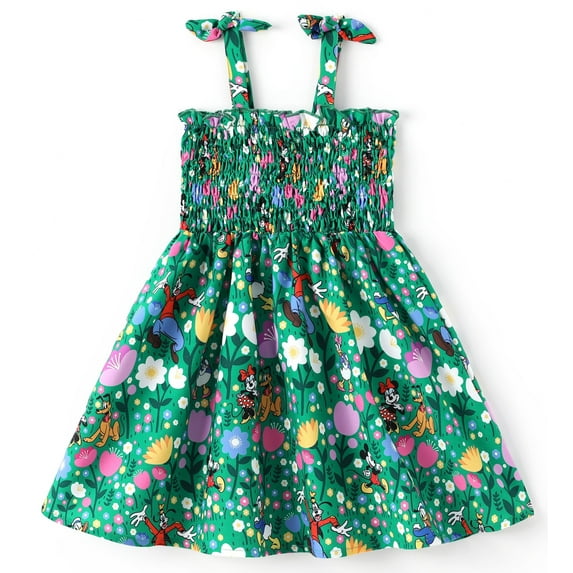Disney Mickey and Friends Girls Dresses Graphic Flower Bow Green Suspender Smocked Dress Size 5-6Y