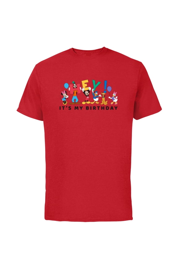 Mickey and Friends Hey It's My Birthday - Short Sleeve Cotton T-Shirt for Adults -Customized-Red