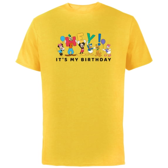 Disney Mickey and Friends Hey It's My Birthday - Short Sleeve Cotton T-Shirt for Adults -Customized-Yellow