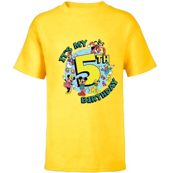Disney Mickey and Friends It’s My Fifth 5th Birthday - Short Sleeve T-Shirt for Kids - Customized-Yellow