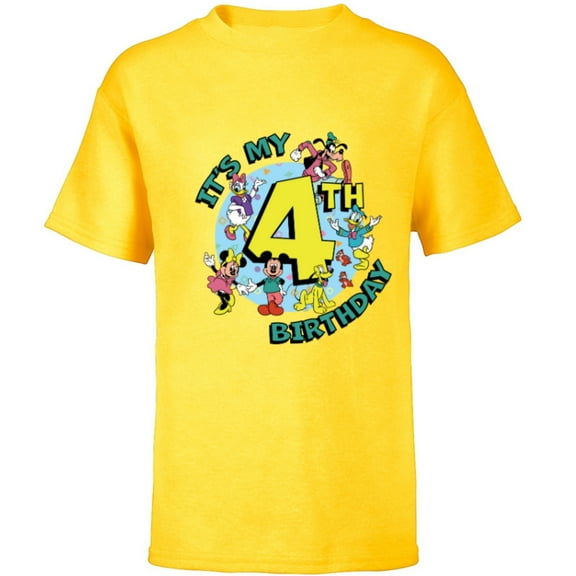 Disney Mickey and Friends It’s My Fourth 4th Birthday - Short Sleeve T-Shirt for Kids - Customized-Yellow