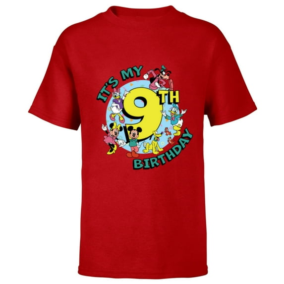 Disney Mickey and Friends It’s My Ninth 9th Birthday - Short Sleeve T-Shirt for Kids - Customized-Red