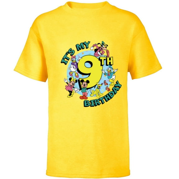 Disney Mickey and Friends It’s My Ninth 9th Birthday - Short Sleeve T-Shirt for Kids - Customized-Yellow