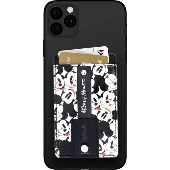 Disney Mickey and Friends Phone Wallet Stick On- Adhesive iPhone Holder with Finger Strap (Black)