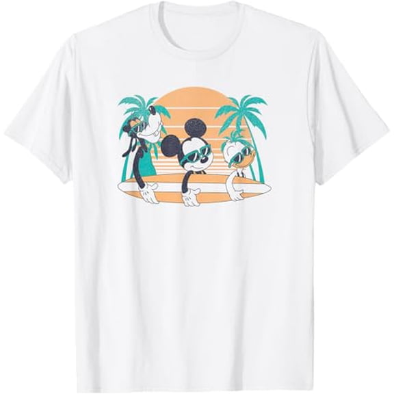 Disney Mickey and Friends Retro Surf Group T-Shirt ,White Color,Size L