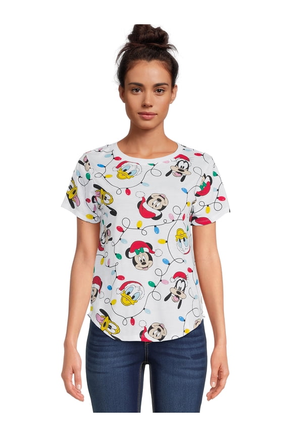 Disney Mickey and Friends Women's Juniors Short Sleeve Christmas Graphic Tee