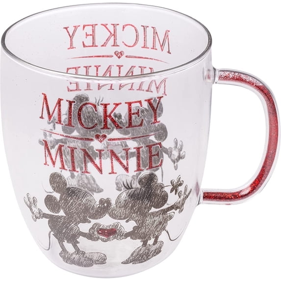 Silver Buffalo Disney Mickey and Minnie Kiss and Heart Hands Glitter Handle Glass Mug, 14 Ounces