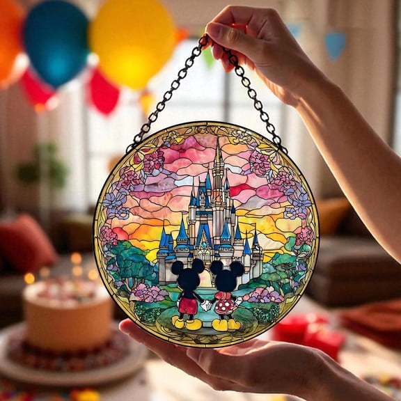 Disney Mickey and Minnie Magical Castle Suncatcher, Disney Couple Window Hanging, Castle Decor, 6.3 in